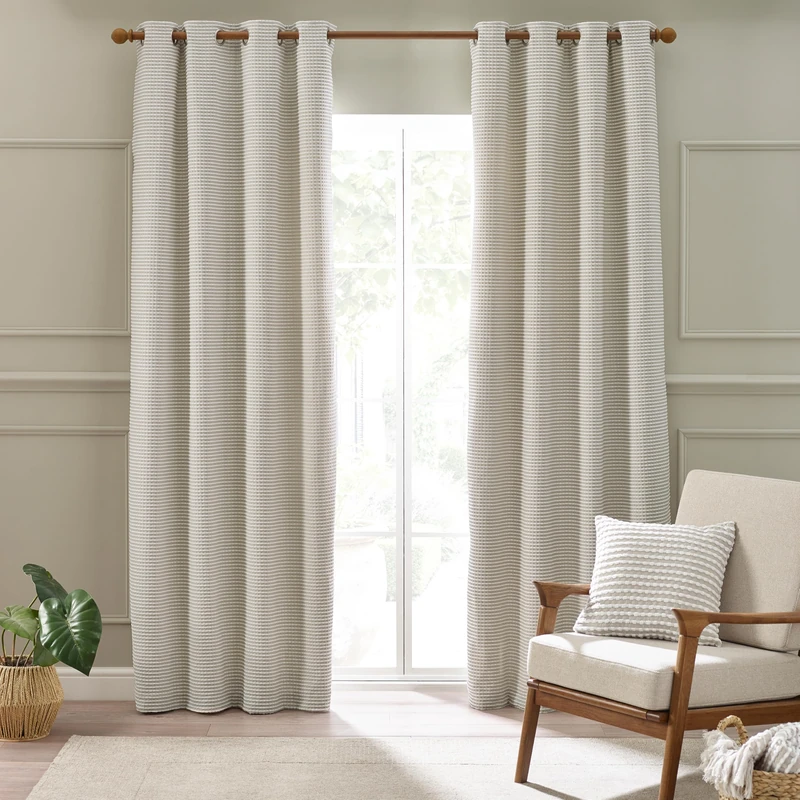 Catherine Lansfield Stab Stitch 66x54 Inch Lined Eyelet Curtains Two Panels Natural