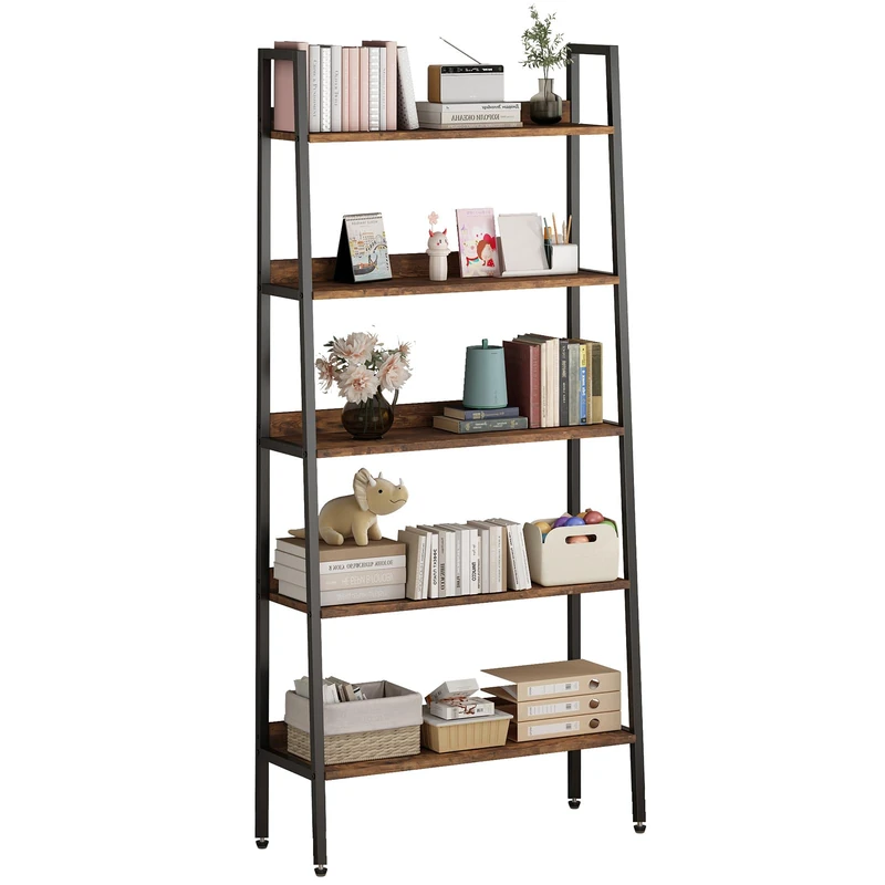 Garvee 5 Tier Narrow Bookcase Shelf 170 cm Industrial Metal Structure Open Shelves Storage Organizer for Living Room Office Kitchen Rust Brown Finish