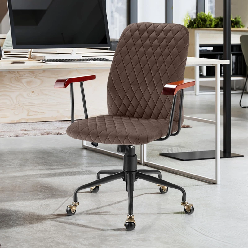 CASART Velvet Desk Chair, Ergonomic Swivel Office Armchair with Wheels & Rocking Function, Height Adjustable Comfy Chair Accent Chairs for Home Office (Brown)