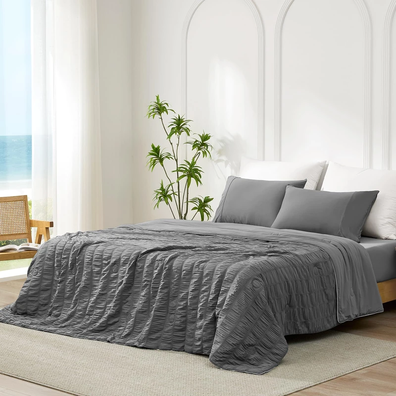 Cozy Bliss Vertical Striped Seersucker Cooling Comforter Queen Size, Lightweight Airflow Silky Cooling Bedding with Q-Max>0.45 for Bedroom, Home Decor, Hot Sleepers & Night Sweats, Grey 90"x90"