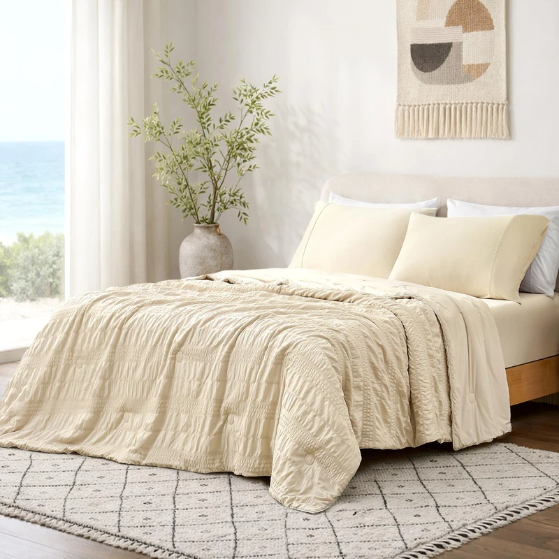 Cozy Bliss Striped Seersucker Cooling Comforter Queen Size, Lightweight Airflow Silky Cooling Bedding with Q-Max>0.45 for Bedroom, Home Decor, Hot Sleepers & Night Sweats, Khaki 90"x90"