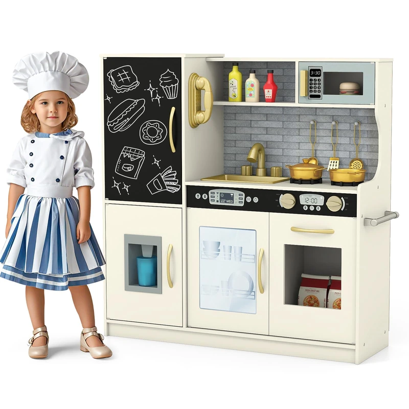 GYMAX Pretend Play Kitchen, Toddler Kitchen Playset with Blackboard, Phone, Microwave, Ice Maker, Dishwasher, Oven, Accessories & Sounds, Wooden Kitchen Toy for 3-6 Years Old (Beige)