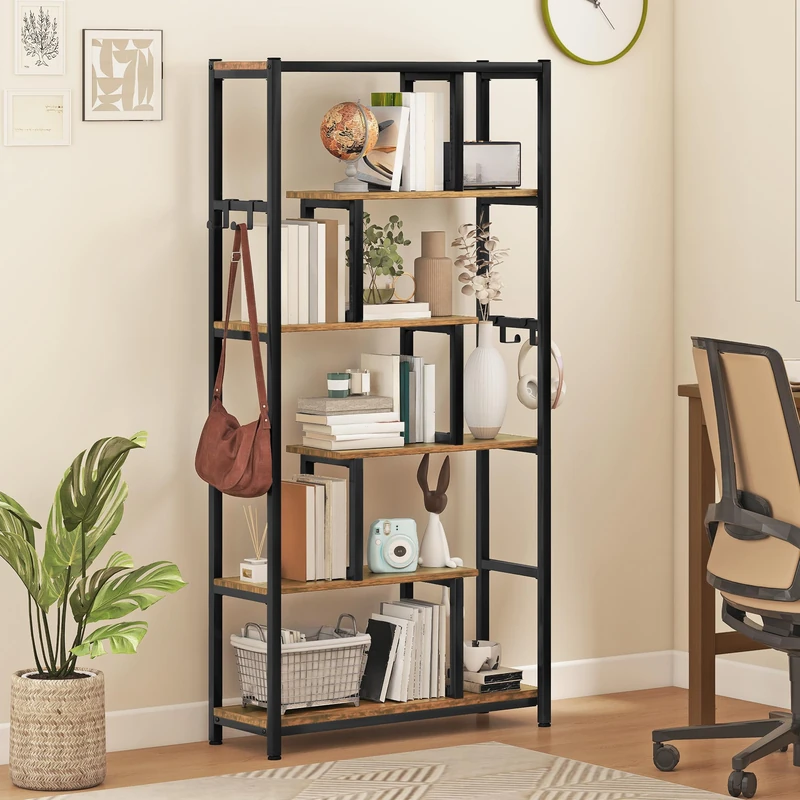 DWVO Bookcase, 6 Tier 170 Tall Bookshelf with 4 Hooks 80 Wide Industrial Metal Shelf Book Shelf with Steel Frame Display Shelf for Living Room Bedroom Home Office, Rustic Brown