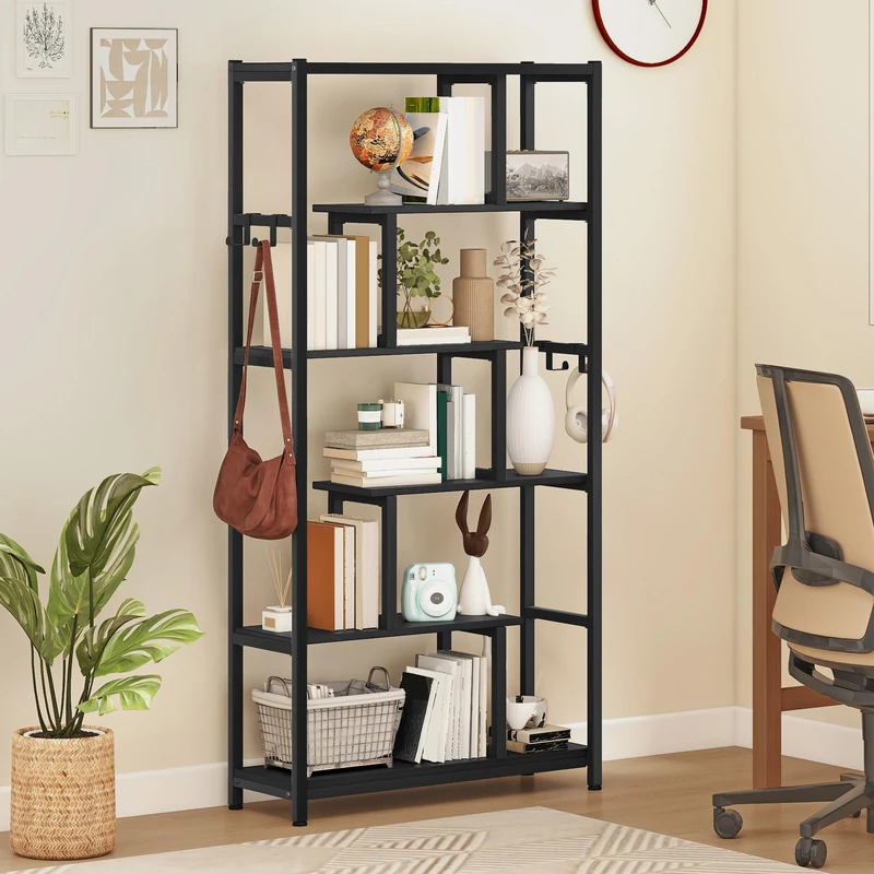 DWVO Bookcase, 6 Tier 170 Tall Bookshelf with 4 Hooks 80 Wide Industrial Metal Shelf Book Shelf with Steel Frame Display Shelf for Living Room Bedroom Home Office, Black