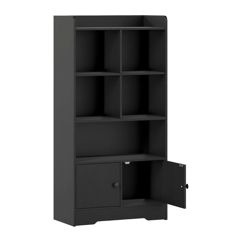 CASART 4-Tier Wooden Bookshelf, 120cm Modern Bookcase Storage Cabinet with 2 Doors and Open Shelves, Freestanding Display Shelf Storage Unit for Living Room Study Bedroom Office (Black)