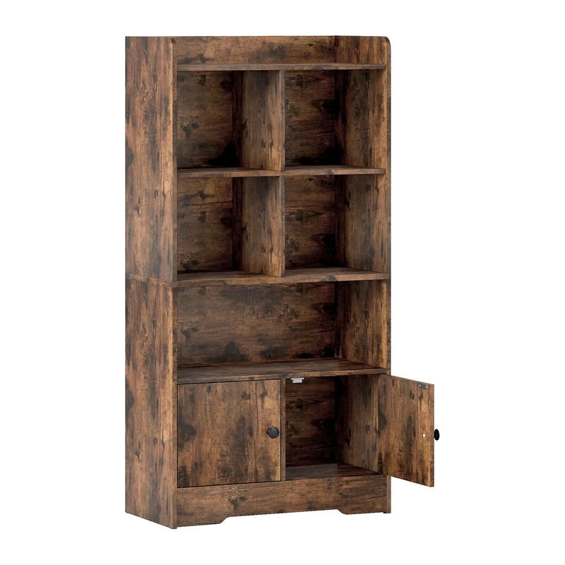 CASART 4-Tier Wooden Bookshelf, 120cm Modern Bookcase Storage Cabinet with 2 Doors and Open Shelves, Freestanding Display Shelf Storage Unit for Living Room Study Bedroom Office (Rustic Brown)