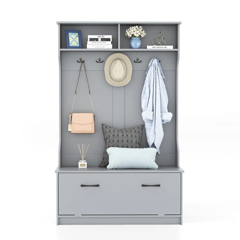 CASART Coat Stand with Shoe Storage, 100x40x160cm Wooden Clothes Rack with Shoe Bench, 2 Shelves & 5 Double Hooks, 3 in 1 Storage Shelf Freestanding Hall Tree for Hallway Entryway Living Room (Grey)