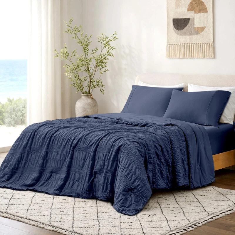 Cozy Bliss Striped Seersucker Cooling Comforter King Size, Lightweight Airflow Silky Cooling Bedding with Q-Max>0.45 for Bedroom, Home Decor, Hot Sleepers & Night Sweats, Navy Blue 106"×90"