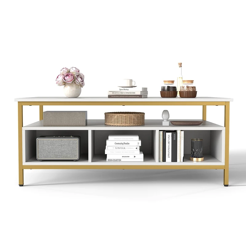 CASART Coffee Table, Industrial Sofa Side Table with Open Shelf & 3 Storage Cubbies, Wooden Rectangle Center Table for Living Room Bedroom Office (White + Golden)
