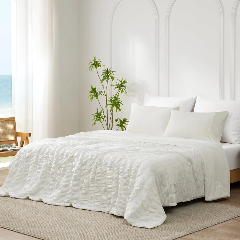 Cozy Bliss Vertical Striped Seersucker Cooling Comforter Queen Size, Lightweight Airflow Silky Cooling Bedding with Q-Max>0.45 for Bedroom, Home Decor, Hot Sleepers & Night Sweats, White 90"x90"