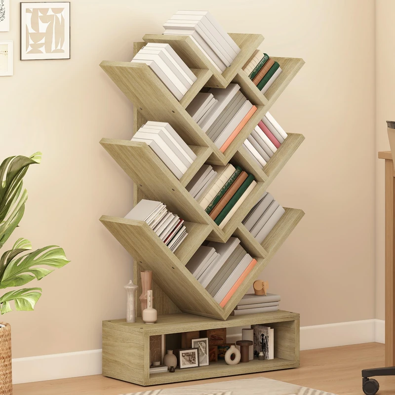 DWVO Tree Bookshelf, 10 Tier Floor Standing 103 Tall Tree Bookcase with Display Storage Shelves and 1 bottom drawerfor Living Room Home Office, Oak Color