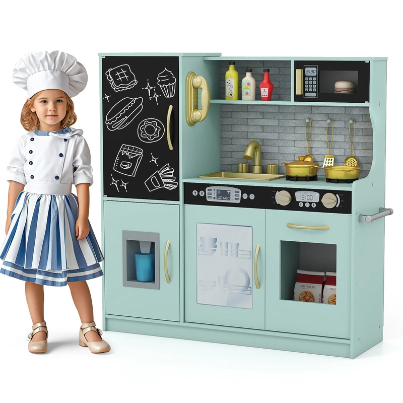 GYMAX Pretend Play Kitchen, Toddler Kitchen Playset with Blackboard, Phone, Microwave, Ice Maker, Dishwasher, Oven, Accessories & Sounds, Wooden Kitchen Toy for 3-6 Years Old (Green)