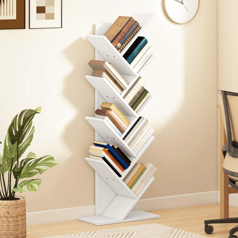 DWVO Tree Bookshelf, 9 Tier Floor Standing 141 Tall Tree Bookcase with Display Storage Shelves for Living Room Home Office, White