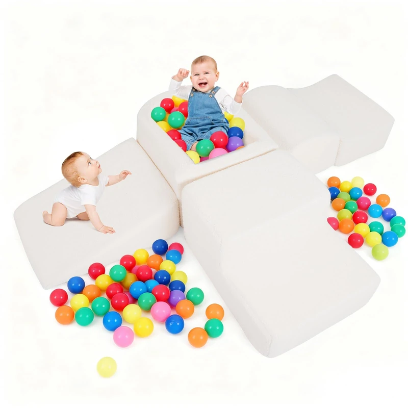 GYMAX Soft Play Equipment, 5 Pieces Baby Climb and Crawl Playset with Ball Pit, Interactive Toy Foam Climbing Block Play Set for Toddlers (Beige)