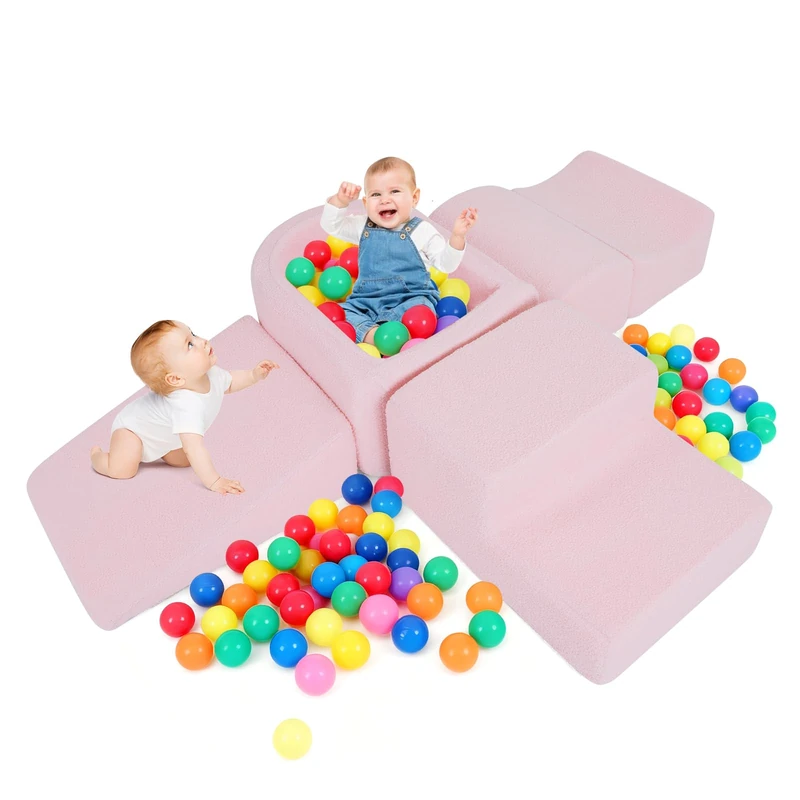 GYMAX Soft Play Equipment, 5 Pieces Baby Climb and Crawl Playset with Ball Pit, Interactive Toy Foam Climbing Block Play Set for Toddlers (Pink)