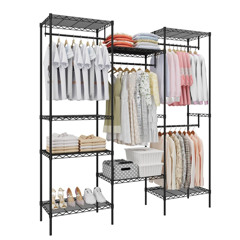 Garvee Heavy Metal Clothes Rack with 4 Bars and 8 Shelves, Removable and Adjustable Wardrobe Storage (Black, 175 W x 40 D x 194 H cm)