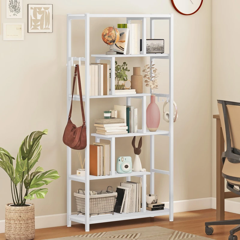 DWVO Bookcase, 6 Tier 170 Tall Bookshelf with 4 Hooks 80 Wide Industrial Metal Shelf Book Shelf with Steel Frame Display Shelf for Living Room Bedroom Home Office, White