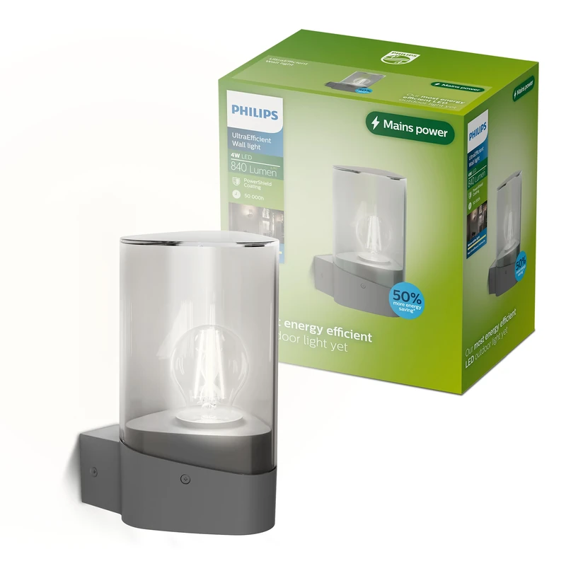 Philips Nayl Outdoor Wall Light, 840 lm, 2700 K, PowerShield, IP44 Weather-Resistant, Durable, Aluminum, Modern Design, UltraEfficient with LED Bulb, Anthracite Gray