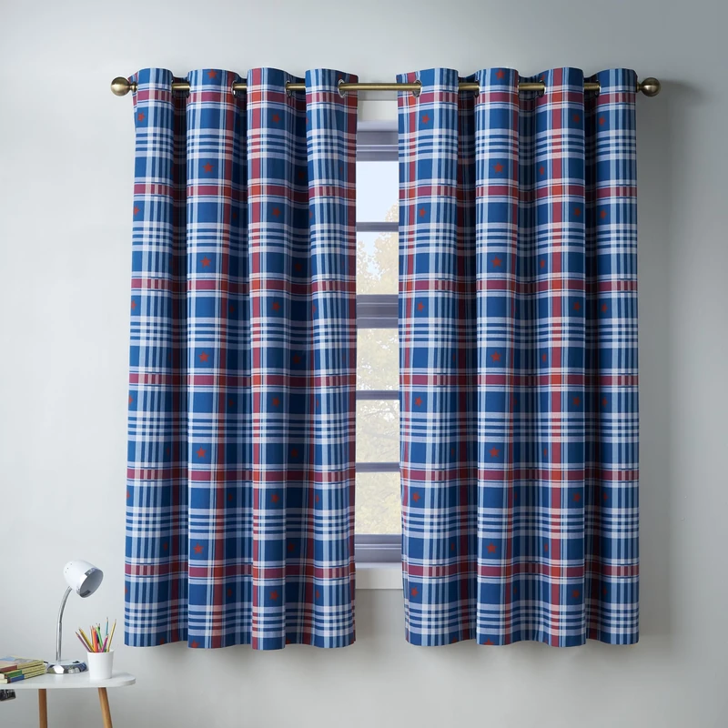 Catherine Lansfield Kids Stars And Check Fully Reversible 66x72 Inch Eyelet Curtains Two Panels Blue