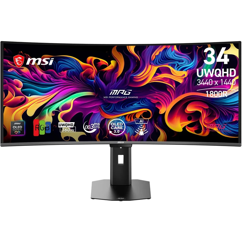 MSI MPG 341CQR X36-34" UWQHD Gaming Monitor (3440x1440, 1800R), 5ª gen QD-OLED, 360Hz, 0.03ms, HDR Customization, Adaptive-Sync, KVM, HDMI 2.1, DP 2.1, USB-C (98W PD), AI Vision, Black
