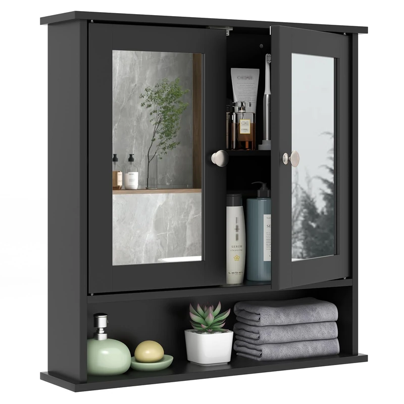 RELAX4LIFE Bathroom Mirror Cabinet, Wall Mounted Display Organizer Unit with Mirror, Double Door & Adjustable Shelf, Wooden Storage Cupboard for Bathroom Kitchen Living Room (Black)