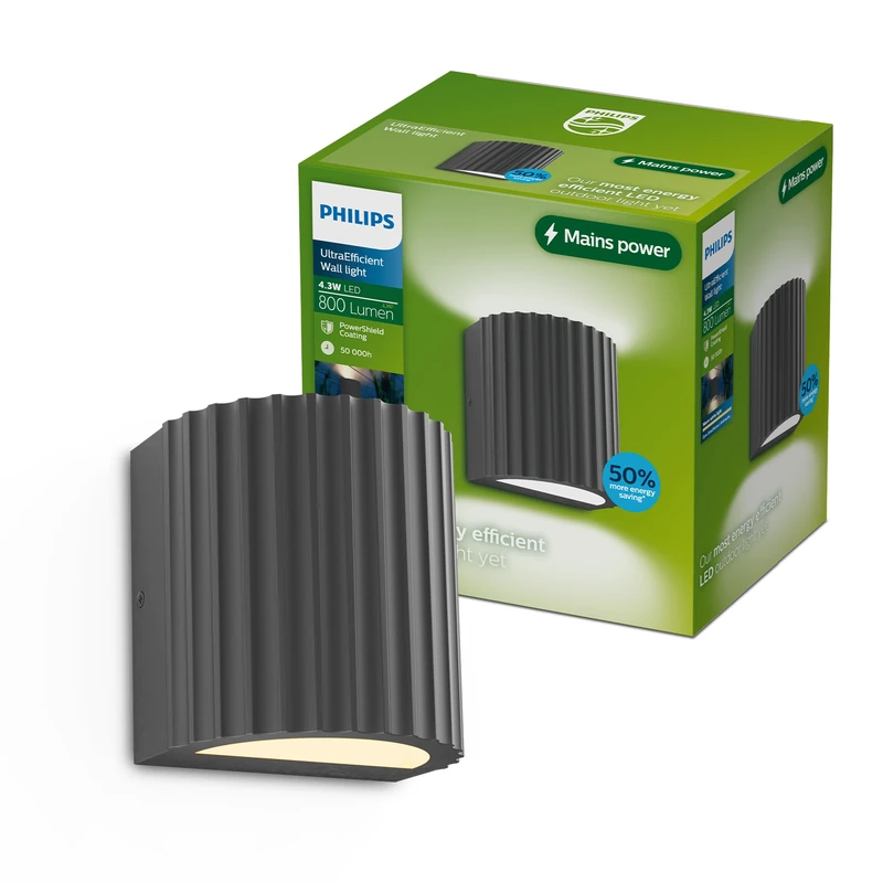 Philips Zyra Outdoor Wall Light, 800 lm, 2700 K, PowerShield, IP44 Weather-Resistant, Durable, Aluminum, Modern Design, Built-in LED, Anthracite Gray