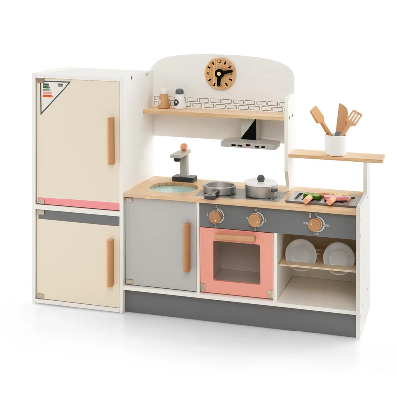 GYMAX Kids Kitchen Playset, Wooden Children Play Kitchen with BBQ Grill, Refrigerator, Range Hood, Oven, Faucet, Sink, Sound & 16 Accessories, Large Pretend Toy Kitchen for Toddlers