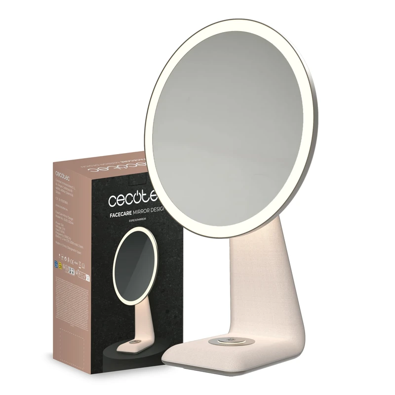Cecotec Round Makeup Mirror with Function Lamp FaceCare Mirror Design. Rechargeable, 3 Light Intensities, Elegant and Modern, Body Material Fabric, Touch Button, Type C Charging Cable