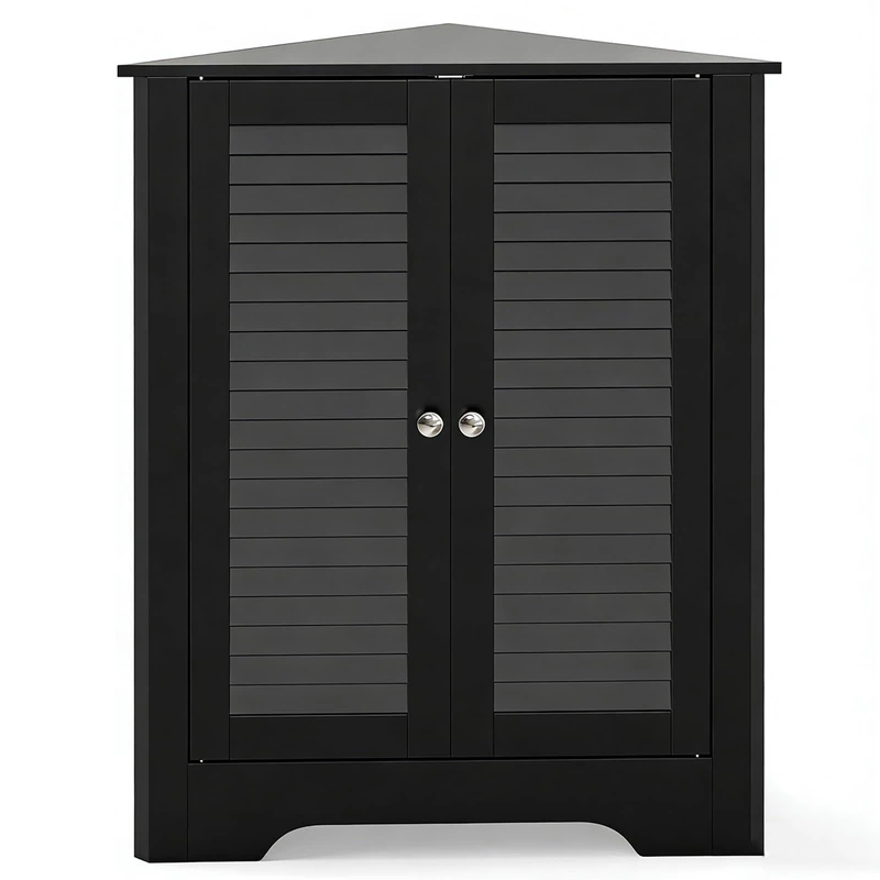 CASART Floor Storage Cabinet, Multipurpose Corner Shelf with Double Louver Cabinet Doors, Stand Organizer Cupboard Unit for Kitchen, Living Room, Bathroom and Hallway (Black)
