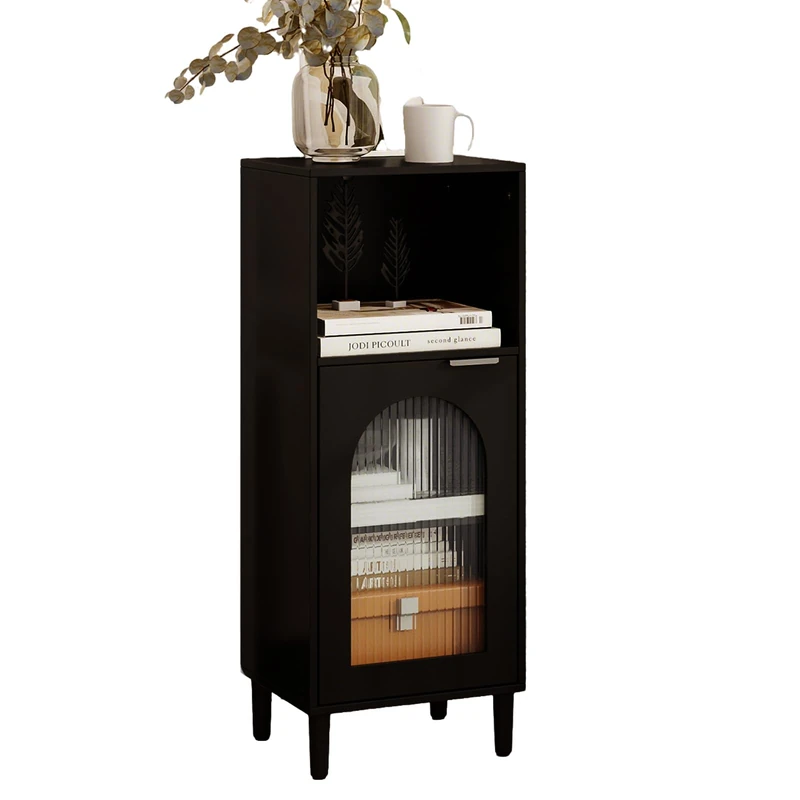 RELAX4LIFE Bathroom Floor Cabinet, Freestanding Storage Cupboard with Tempered Glass Door and Adjustable Shelf, Wooden Side Cabinet Bathroom Unit Organizer for Living Room Hallway (Black)