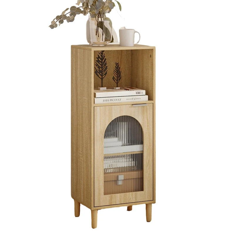 RELAX4LIFE Bathroom Floor Cabinet, Freestanding Storage Cupboard with Tempered Glass Door and Adjustable Shelf, Wooden Side Cabinet Bathroom Unit Organizer for Living Room Hallway (Natural)