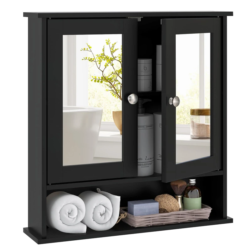 CASART Bathroom Mirror Cabinet, Wall Mounted Storage Cupboard with Double Doors and Adjustable Shelf, Wooden Display Organiser Unit for Kitchen Living Room (Black)