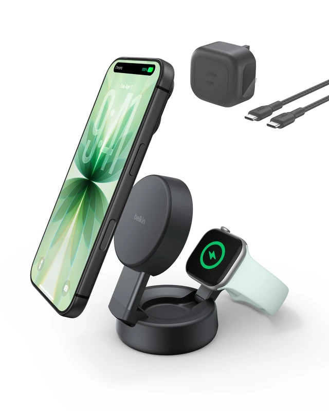 Belkin UltraCharge MagSafe 2-in-1 Wireless Charging Station, Qi2.2 25W Convertible Magnetic Charger for iPhone 17, Apple Watch Series 10, Pixelsnap, etc (45W Adapter Included) - Black