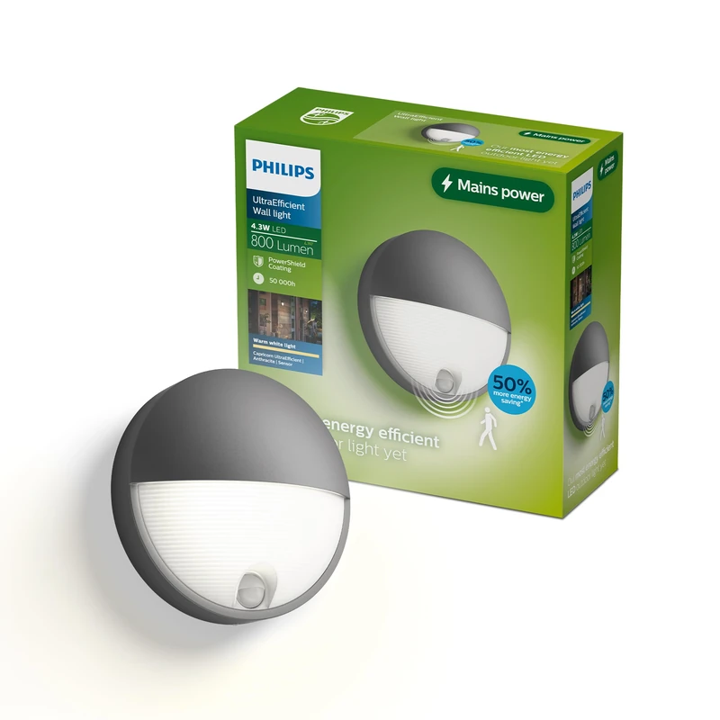 Philips Capricorn IR Outdoor Wall Light, 800 lm, 2700 K, PowerShield, IP44 Weather-Resistant, Durable, Aluminum, Motion Sensor, Built-in LED, Anthracite Gray