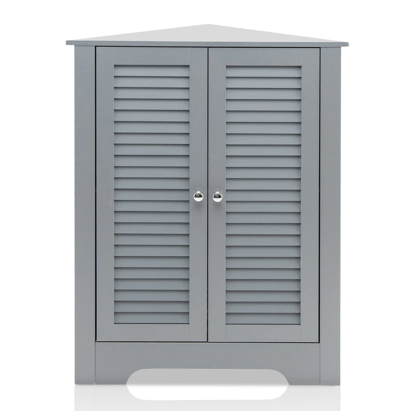 CASART Floor Storage Cabinet, Multipurpose Corner Shelf with Double Louver Cabinet Doors, Stand Organizer Cupboard Unit for Kitchen, Living Room, Bathroom and Hallway (Grey) - Image 1