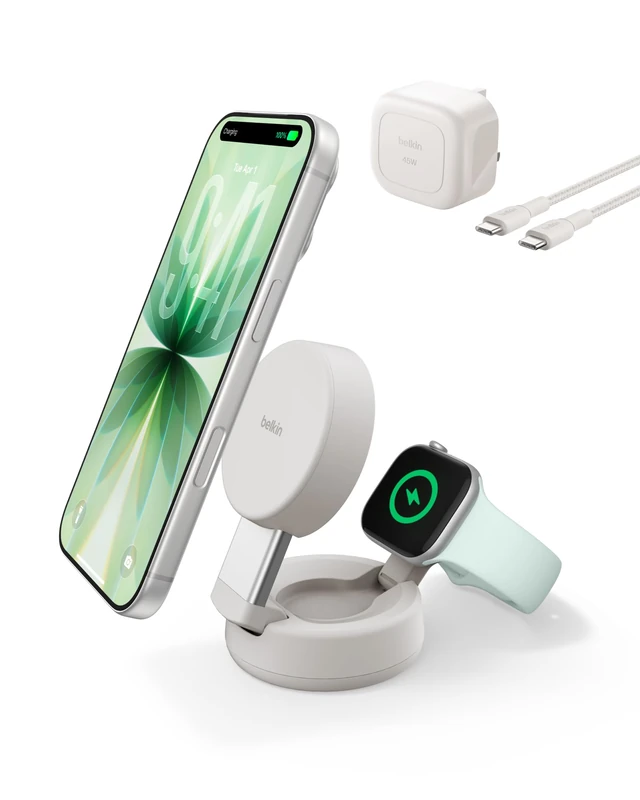 Belkin UltraCharge MagSafe 2-in-1 Wireless Charging Station, Qi2.2 25W Convertible Magnetic Charger for iPhone 17, Apple Watch Series 10, Pixelsnap, etc (45W Adapter Included) - Sand