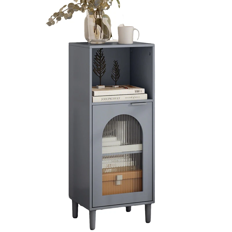 RELAX4LIFE Bathroom Floor Cabinet, Freestanding Storage Cupboard with Tempered Glass Door and Adjustable Shelf, Wooden Side Cabinet Bathroom Unit Organizer for Living Room Hallway (Grey)