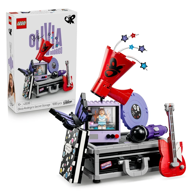 LEGO Editions Olivia Rodrigo's Secret Storage - Toy w/Suitcase, Microphone, Record, Megaphone, TV & Minifigure - Kids' Room Decor - Music Gift for 10+ Year Old Girls & Fans - 43030