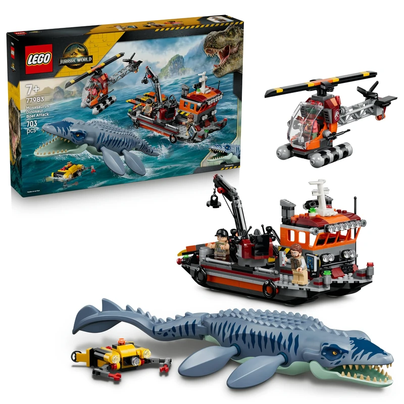LEGO Jurassic World Mosasaurus Dinosaur Boat Attack Toy - Cargo Ship, Dino Figure, Helicopter & 3 Minifigures - Birthday Gift for 7+ Year Old Boys, Girls & Rebirth Movie Fans - 77983