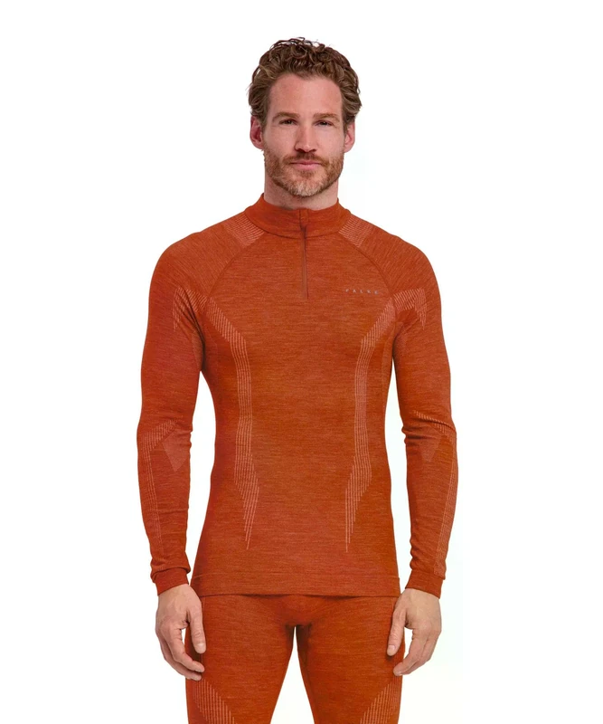 Falke Men's Wool-Tech High Zip Neck M L/s Sh Functional Yarn Quick Dry Base Layer Top 1 Piece, Red Chilly 8821, L
