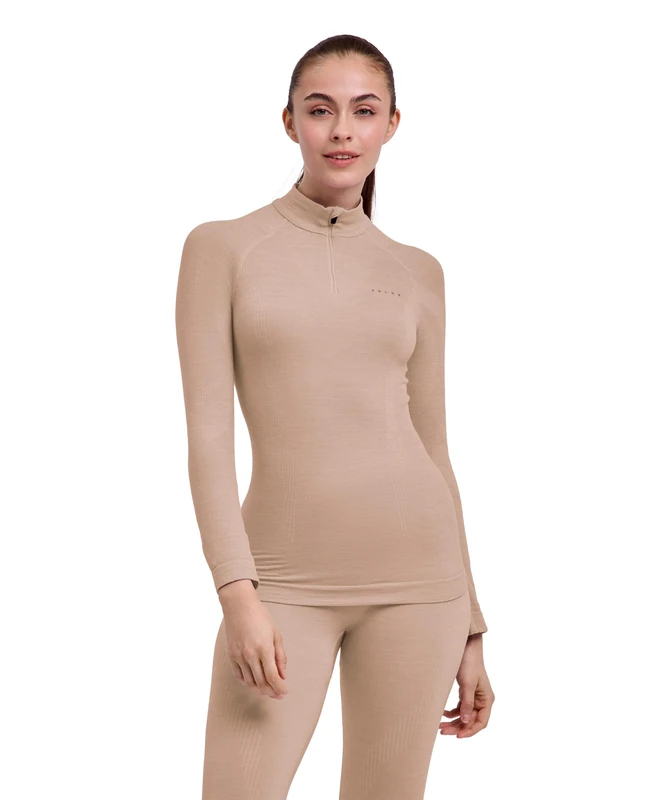 Falke Women's Wool-Tech High Zip Neck W L/s Sh Functional Yarn Quick Dry Base Layer Top 1 Piece, Beige Straw 4700, L