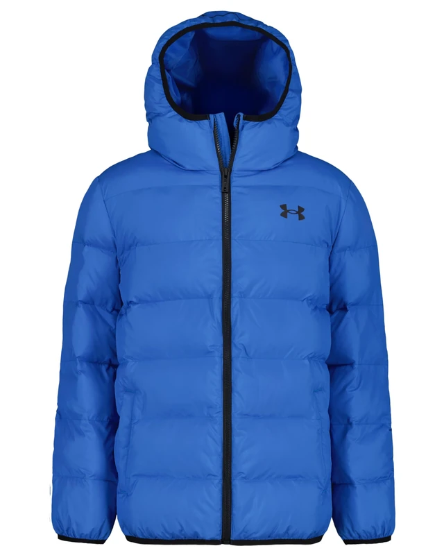 Under Armour Boys Water-Resistant Pronto Colourblock Puffer Jacket with UA Storm Technology – Lightweight Hooded Winter Coat with Snap Pockets, 8 Years to 9 Years, Blue