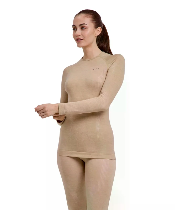 Falke Women's Wool-Tech Round Neck W L/s Sh Functional Yarn Quick Dry Base Layer Top 1 Piece, Beige Straw 4700, L