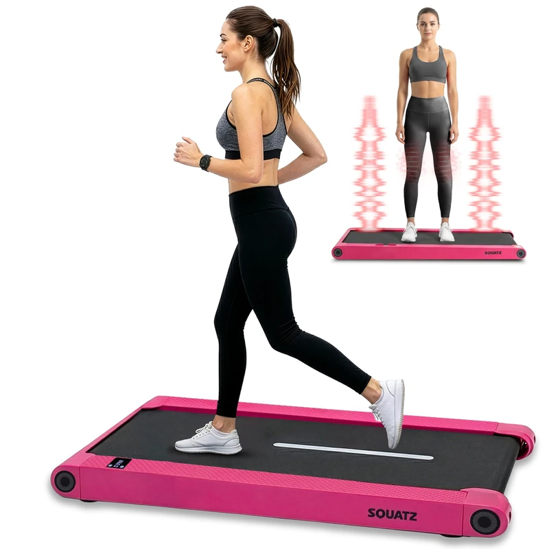Squatz 2-in-1 Walking Pad Treadmill with Vibration Plates, Compact Under Desk Walking Pad with Remote Control, LED Display, Non-Slip Belt, Quiet 1.0HP Motor for Home or Office Workout (Pinks)