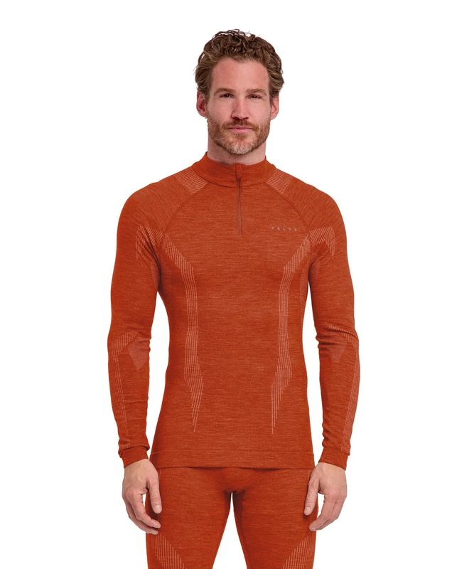Falke Men's Wool-Tech High Zip Neck M L/s Sh Functional Yarn Quick Dry Base Layer Top 1 Piece, Red Chilly 8821, M