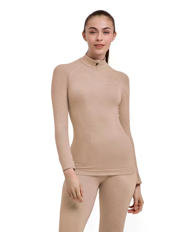 Falke Women's Wool-Tech High Zip Neck W L/s Sh Functional Yarn Quick Dry Base Layer Top 1 Piece, Beige Straw 4700, S