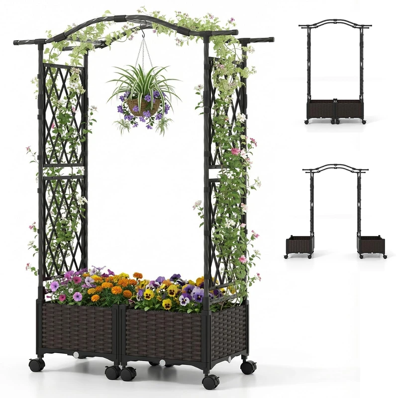 FANTASK 2-in-1 Rose Arch with 2 Flower Boxes on Wheels, Planter with Trellis & Hanging Roof, Metal and PP Garden Arch, Trellis Box with Trellis for Climbing Plants, Garden Trellis (Brown) - Image 1