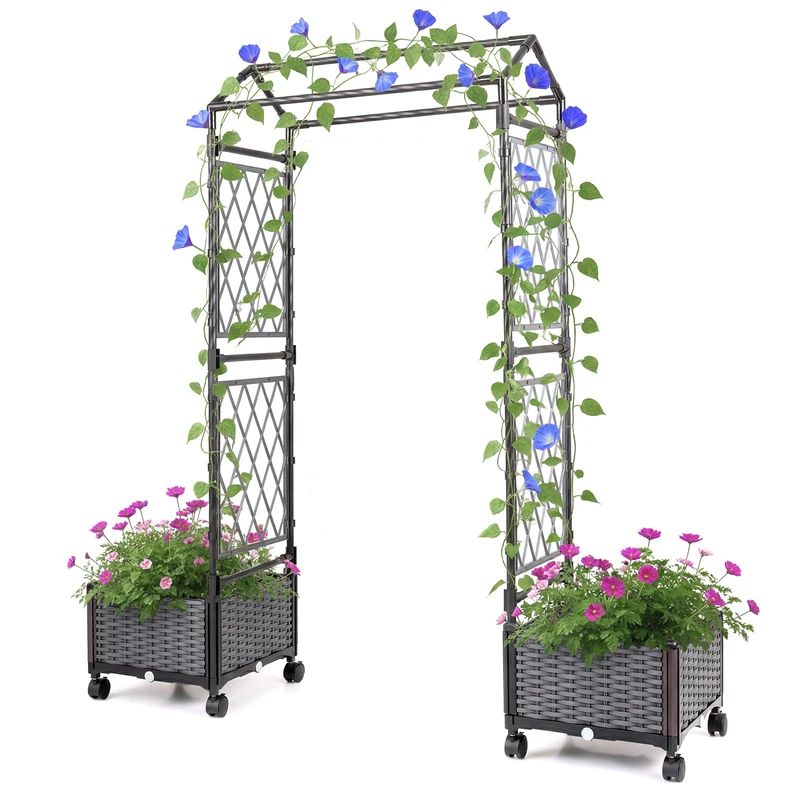 FANTASK 2 in 1 Rose Arch with Planters, Plant Pot with Hanging Roof & Trellis, Rose Trellis on Wheels, Metal & PP Rattan, Trellis for Climbing Plants (Grey)