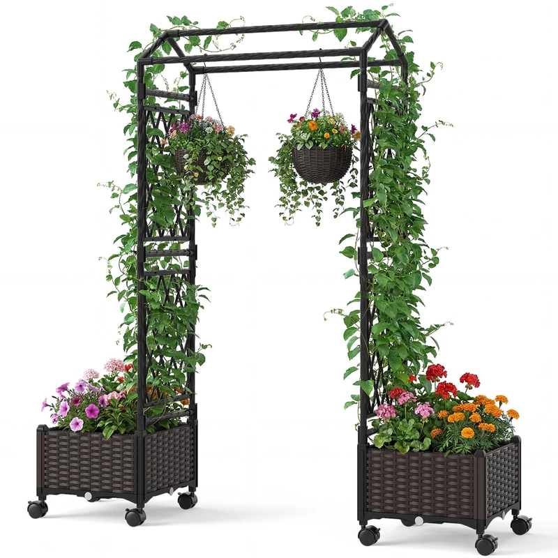 FANTASK 2 in 1 Rose Arch with Planters and Trellis - Brown