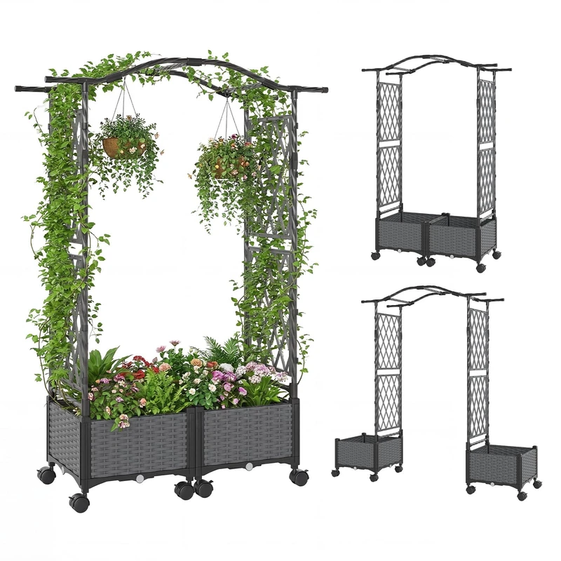 FANTASK 2-in-1 Rose Arch with 2 Flower Boxes on Wheels, Planter with Trellis & Hanging Roof, Metal and PP Garden Arch, Trellis Box with Trellis for Climbing Plants, Garden Trellis (Grey) - Image 1